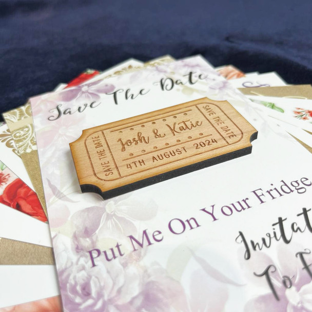 Ticket Style Personalised Wooden Wedding Save The Date Magnets & Backing Cards