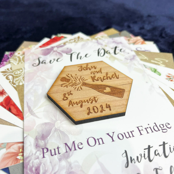 Champagne Bottle Hexagon Wooden Wedding Save The Date Magnets & Backing Cards