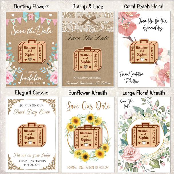 Suitcase Luggage Abroad Wooden Wedding Save The Date Magnets & Backing Cards