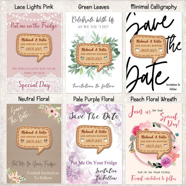 Speech Bubble & Hearts Wooden Wedding Save The Date Magnets & Backing Cards