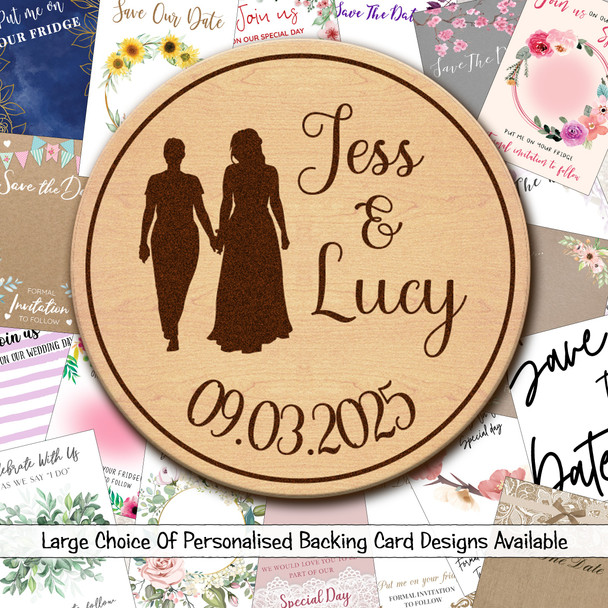 Lesbian Female Couple Wooden Wedding Save The Date Magnets & Backing Cards