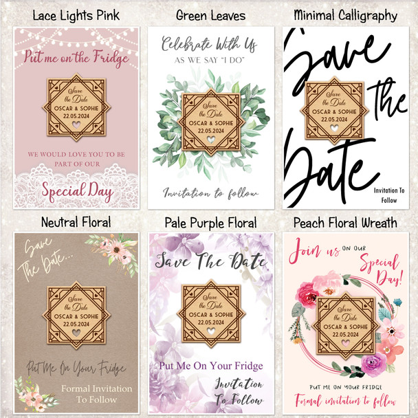 Art Deco Personalised Wooden Wedding Save The Date Magnets & Backing Cards