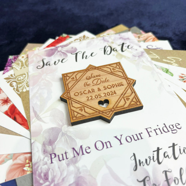 Art Deco Personalised Wooden Wedding Save The Date Magnets & Backing Cards