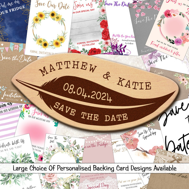 Feather Personalised Wooden Wedding Save The Date Magnets & Backing Cards