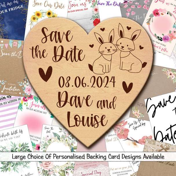 Bunny Rabbits Heart Wooden Wedding Save The Date Magnets & Backing Cards