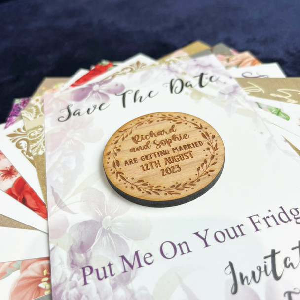 Floral Wreath Round Wooden Wedding Save The Date Magnets & Backing Cards