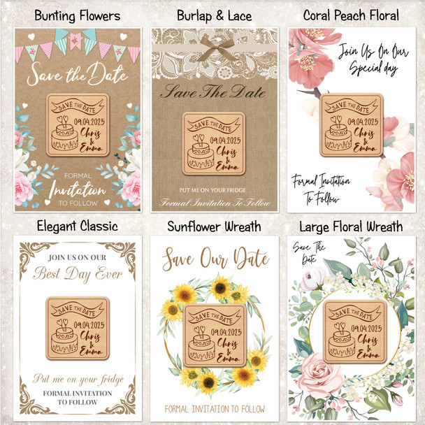 Wedding Cake Square Wooden Wedding Save The Date Magnets & Backing Cards