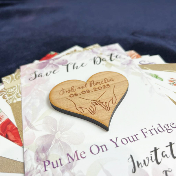 Hand Holding Heart Wooden Wedding Save The Date Magnets & Backing Cards