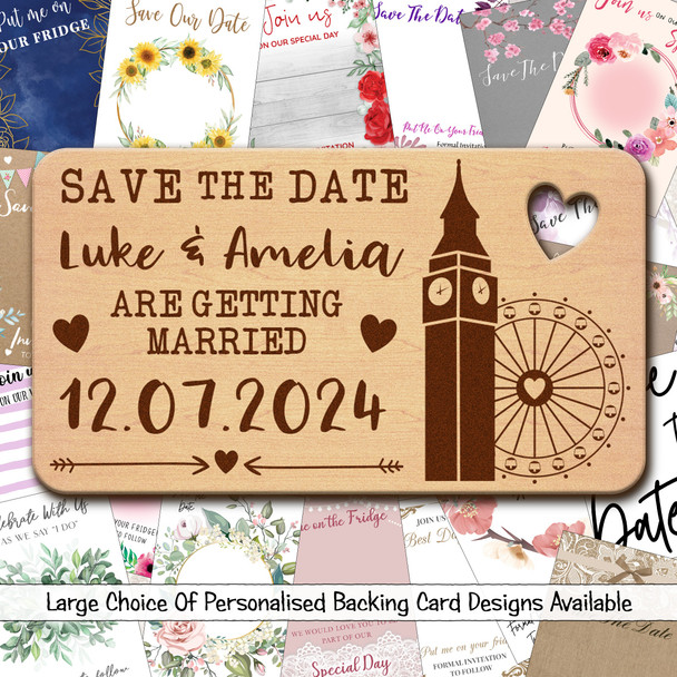 London Eye Big Ben Wooden Wedding Save The Date Magnets & Backing Cards