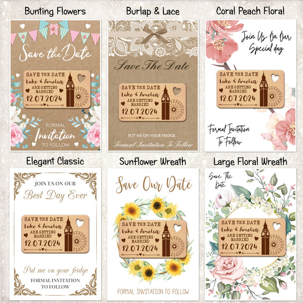 London Eye Big Ben Wooden Wedding Save The Date Magnets & Backing Cards