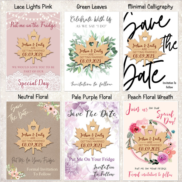 Maple Leaf Autumn Wooden Wedding Save The Date Magnets & Backing Cards