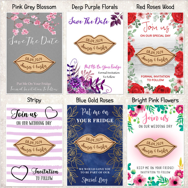 Lips Personalised Wooden Wedding Save The Date Magnets & Backing Cards