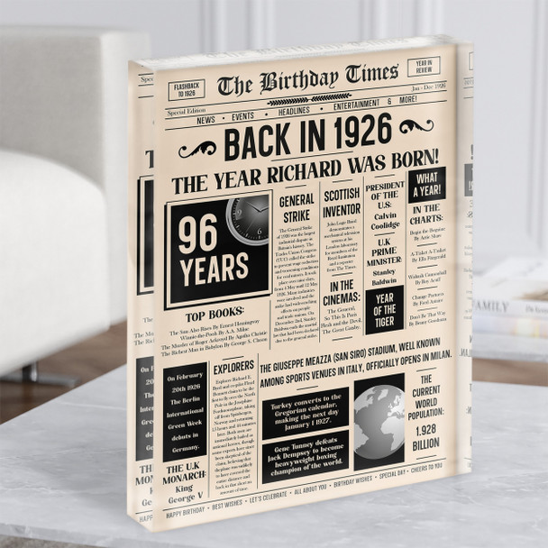 1926 Newspaper Any Age Any Year You Were Born Birthday Facts Gift Acrylic Block