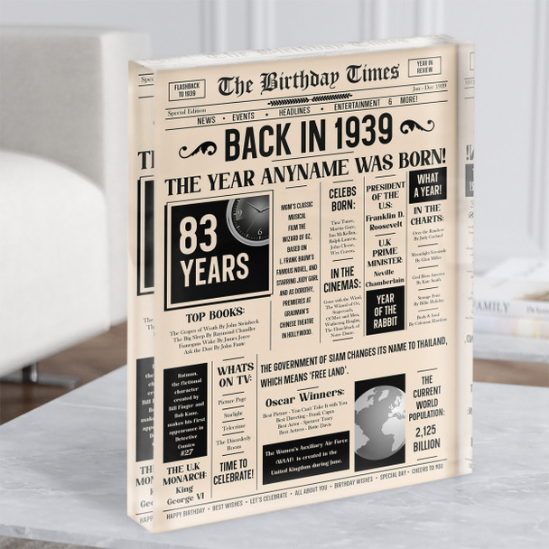 1939 Newspaper Any Age Any Year You Were Born Birthday Facts Gift Acrylic Block