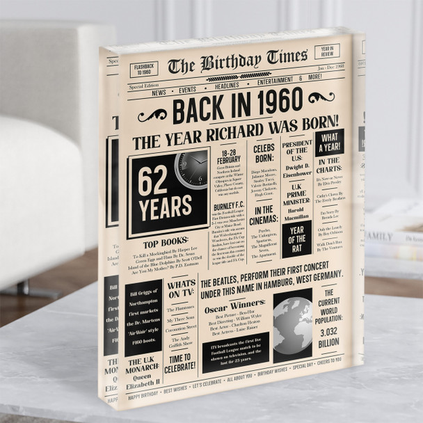 1960 Newspaper Any Age Any Year You Were Born Birthday Facts Gift Acrylic Block
