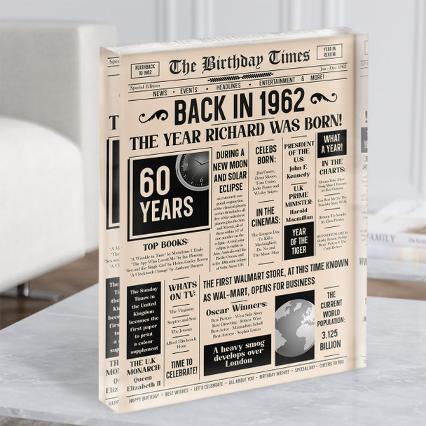 1962 Newspaper Any Age Any Year You Were Born Birthday Facts Gift Acrylic Block