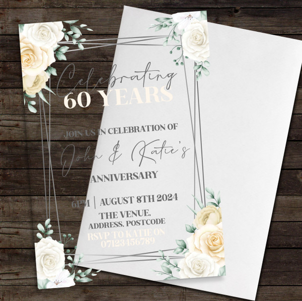 60 Years 60th White Silver Frame Acrylic Clear Wedding Anniversary Party Invitations