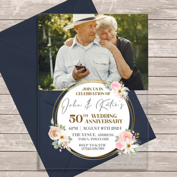 50 Years 50th Photo Gold Acrylic Clear Wedding Anniversary Party Invitations