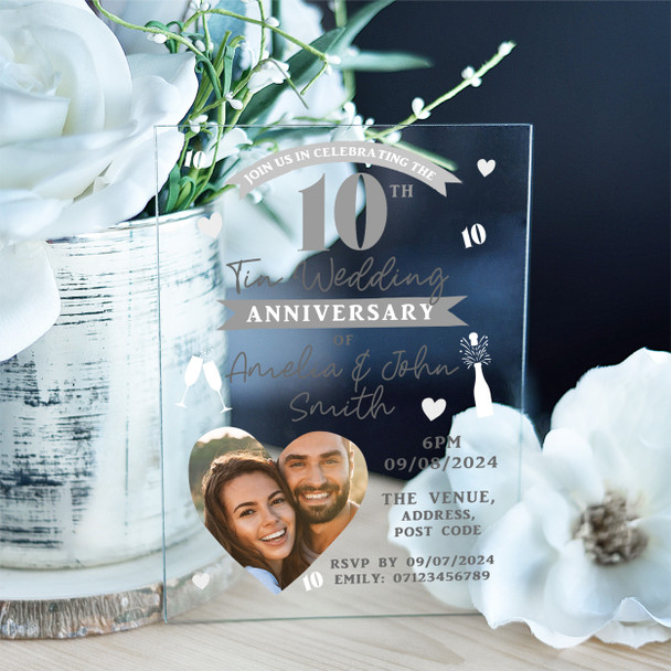 10th Photo Heart Tin Acrylic Clear Luxury Wedding Anniversary Party Invitations