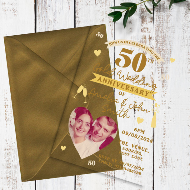 50th Photo Heart Gold Acrylic Clear Luxury Wedding Anniversary Party Invitations