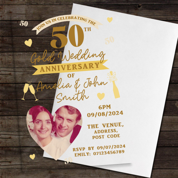 50th Photo Heart Gold Acrylic Clear Luxury Wedding Anniversary Party Invitations