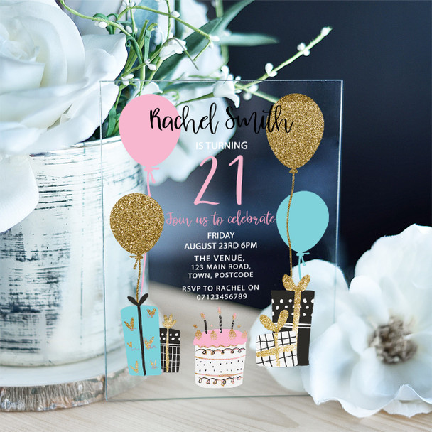 21st Or Any Age Balloons Cake Modern Acrylic Clear Birthday Party Invitations