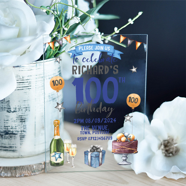 100th Or Any Age Cake Gift Champagne Acrylic Clear Birthday Party Invitations