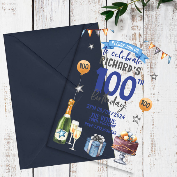 100th Or Any Age Cake Gift Champagne Acrylic Clear Birthday Party Invitations