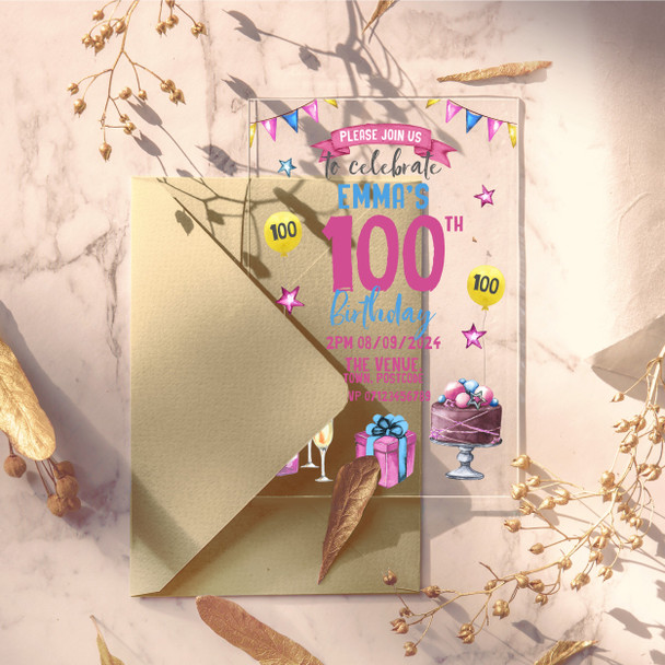 100th Or Any Age Party Cake Champagne Acrylic Clear Birthday Party Invitations