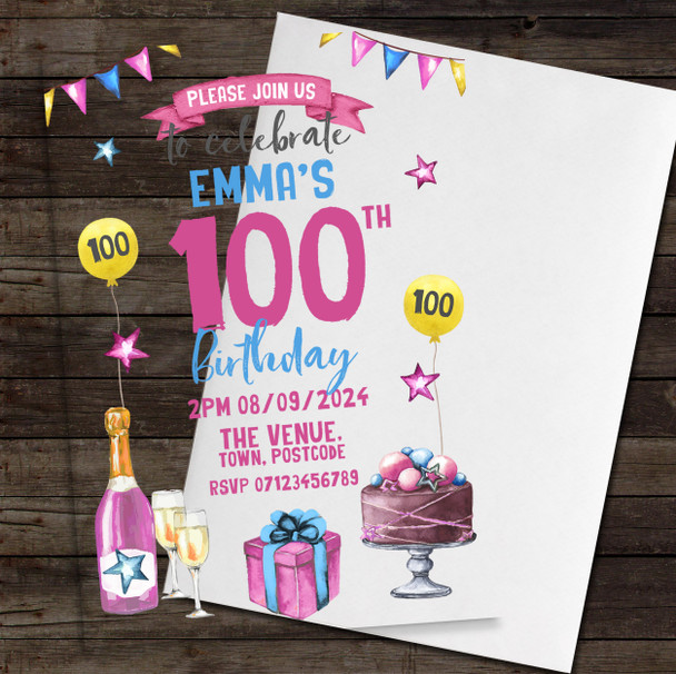 100th Or Any Age Party Cake Champagne Acrylic Clear Birthday Party Invitations