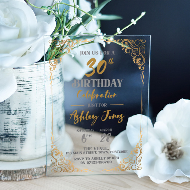 30th Or Any Age Gold Elegant Deco Line Acrylic Clear Birthday Party Invitations