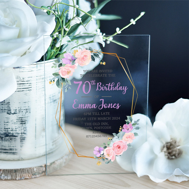 70th Or Any Age Party Gold Frame Flower Acrylic Clear Birthday Party Invitations