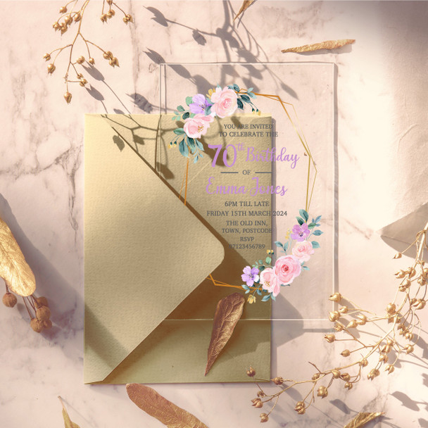 70th Or Any Age Party Gold Frame Flower Acrylic Clear Birthday Party Invitations