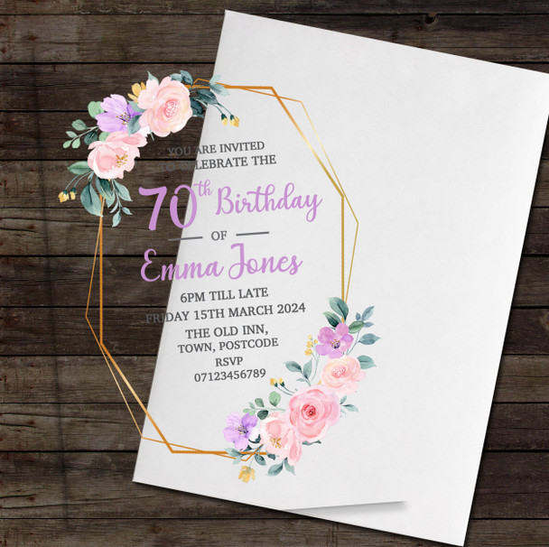 70th Or Any Age Party Gold Frame Flower Acrylic Clear Birthday Party Invitations