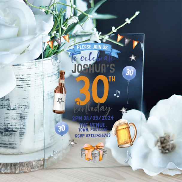 30th Or Any Age Beer Bottle Acrylic Clear Transparent Birthday Party Invitations