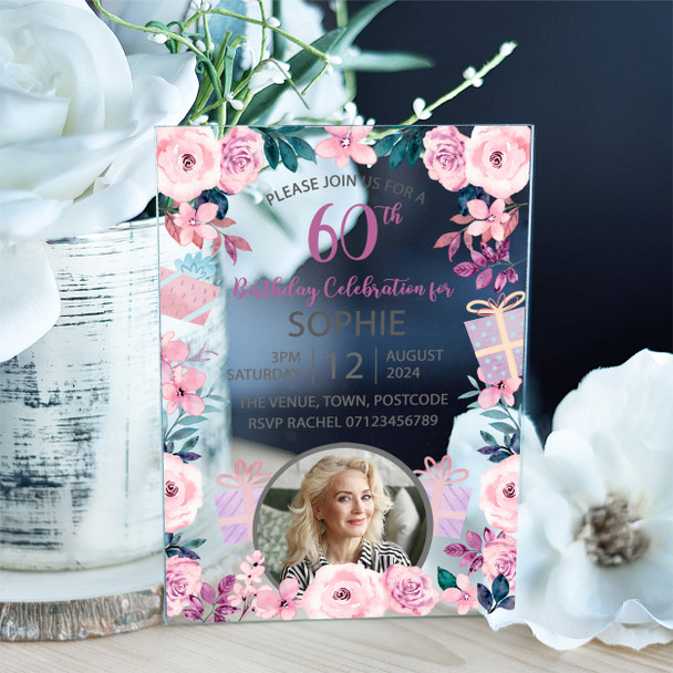 60th Or Any Age Photo Pink Floral Acrylic Clear Birthday Party Invitations