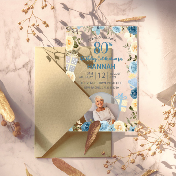 80th Or Any Age Photo Blue Floral Acrylic Clear Birthday Party Invitations