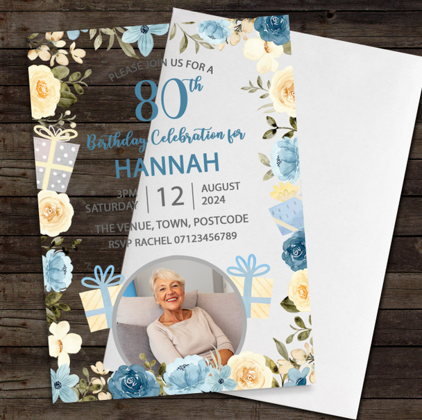 80th Or Any Age Photo Blue Floral Acrylic Clear Birthday Party Invitations