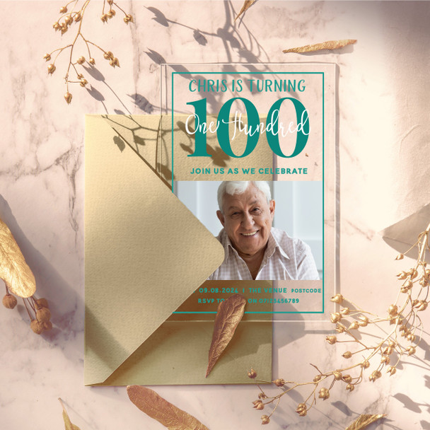 100th Or Any Age Photo Green Acrylic Transparent Birthday Party Invitations