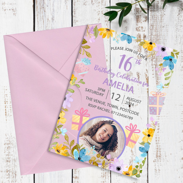 16th Or Any Age Photo Flower Floral Acrylic Clear Birthday Party Invitations