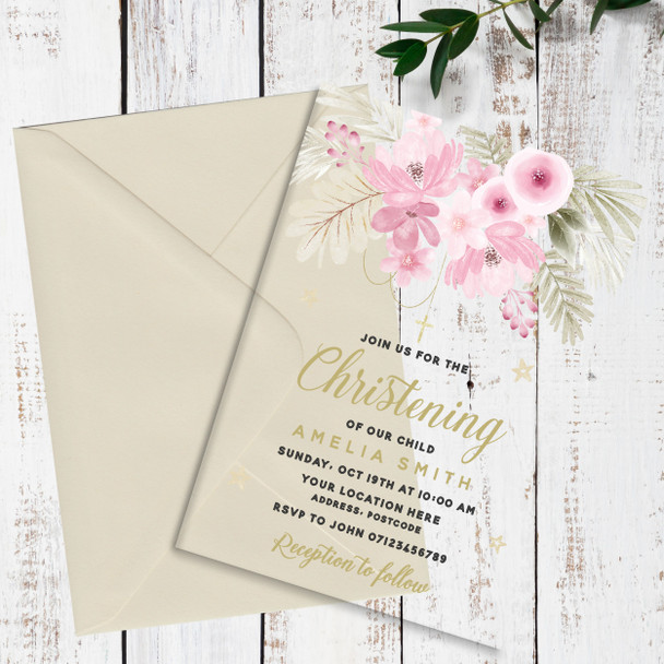 Pink Flower Gold Acrylic Clear Transparent Luxury Christening Invitations