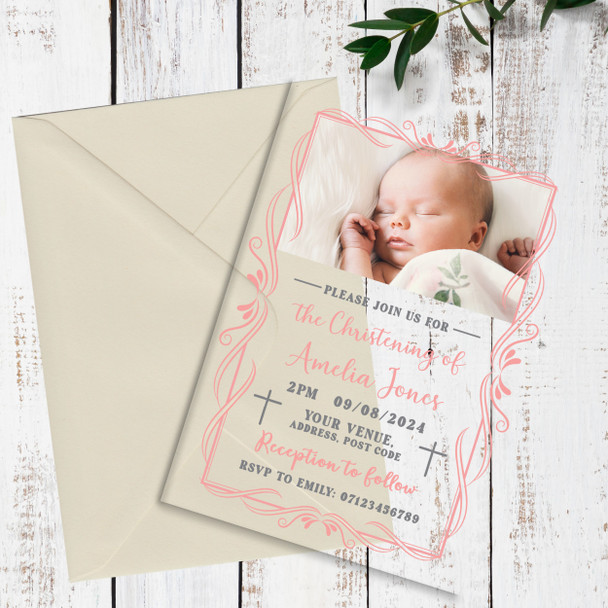 Photo Deco Frame Peach Pink Acrylic Clear Transparent Christening Invitations