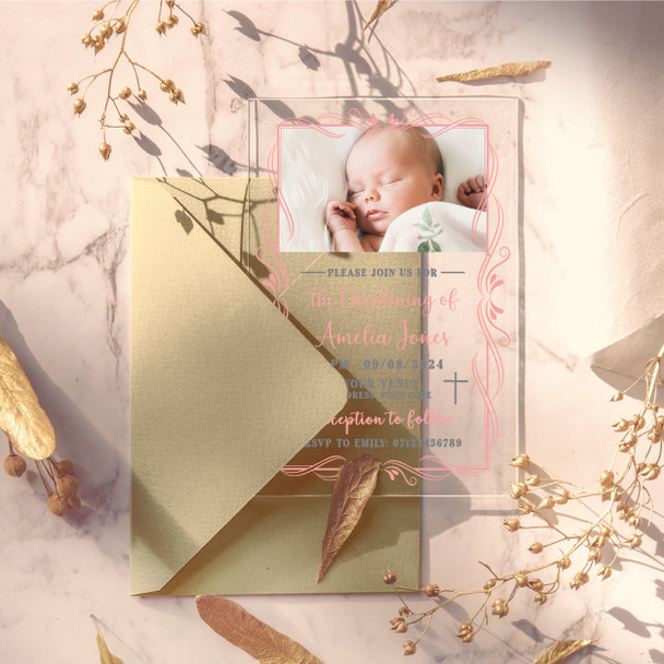 Photo Deco Frame Peach Pink Acrylic Clear Transparent Christening Invitations