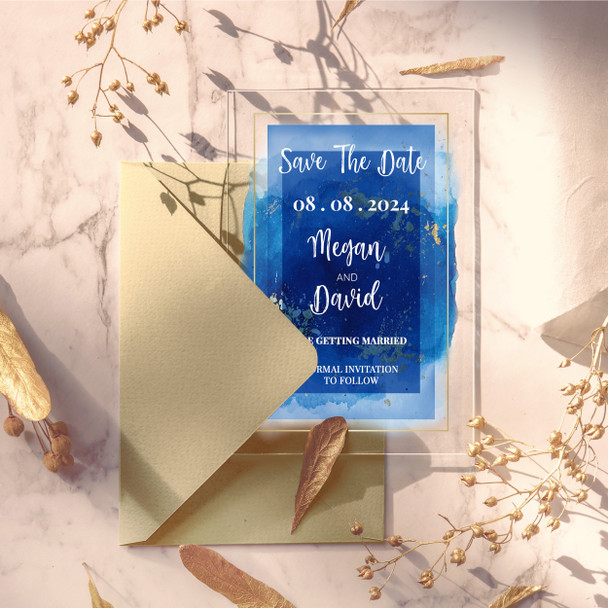 Blue Wash Gold Acrylic Clear Transparent Wedding Save The Date Invite Cards