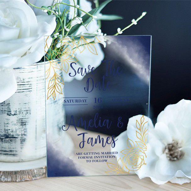 Blue Gold Roses Acrylic Clear Transparent Wedding Save The Date Invite Cards