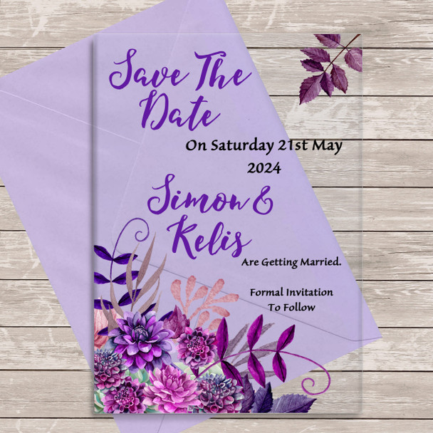 Cadbury Purple Florals Acrylic Transparent Wedding Save The Date Invite Cards