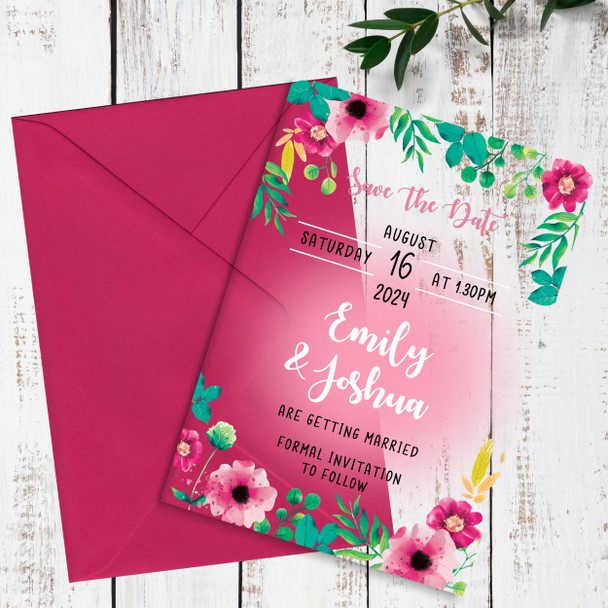 Bright Tropical Flowers Acrylic Clear Luxury Wedding Save The Date Invite Cards