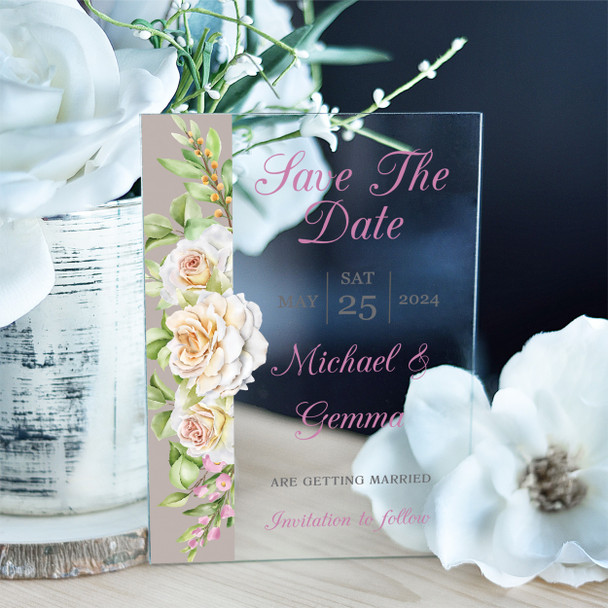 White Pink Rose Classic Acrylic Clear Luxury Wedding Save The Date Invite Cards