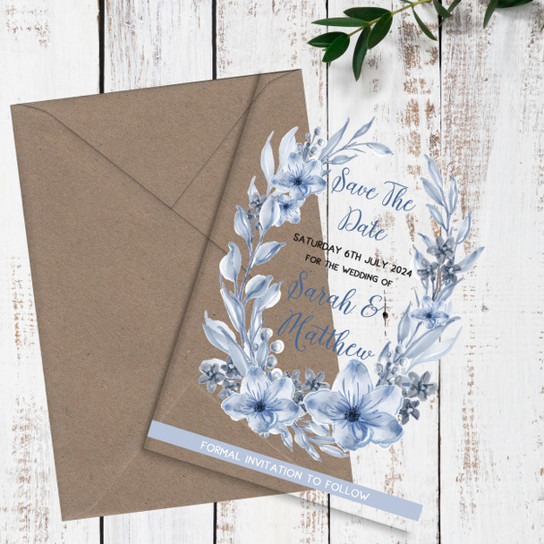 Blue Flower Wreath Acrylic Clear Transparent Wedding Save The Date Invite Cards