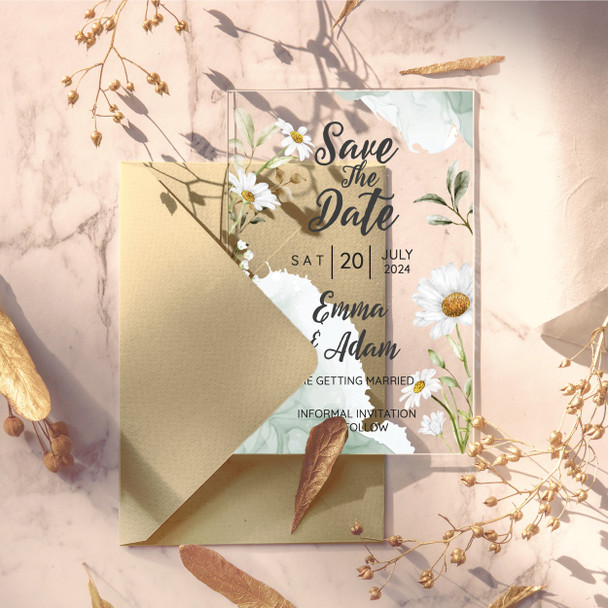 Daisy Flower Acrylic Clear Transparent Luxury Wedding Save The Date Invite Cards
